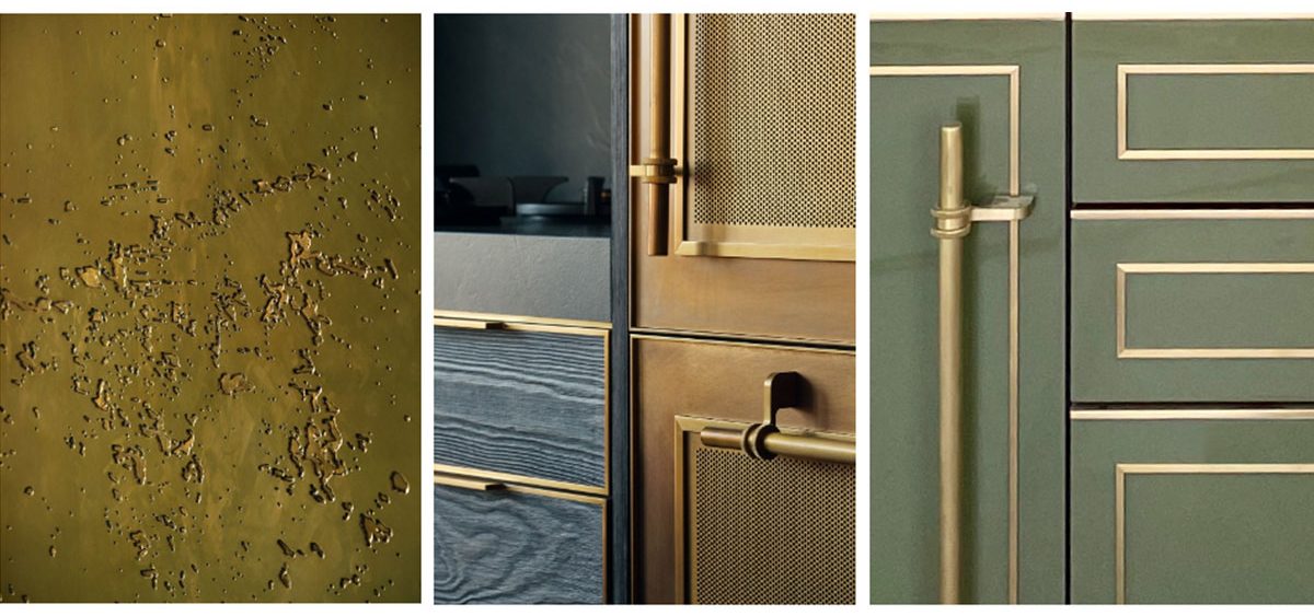Tryptic of Textured brass with concrete pattern, bronze hardware with mesh and charred pine inlay and olive green lacquer with brass inlay and hardware.