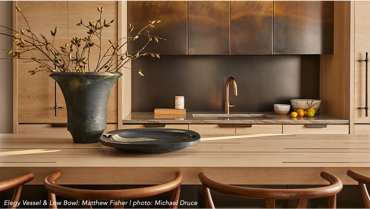 Elegy Vessel and Low Bowl on display in Amuneal Bleached Oak Kitchen with bronze ombre backsplash.